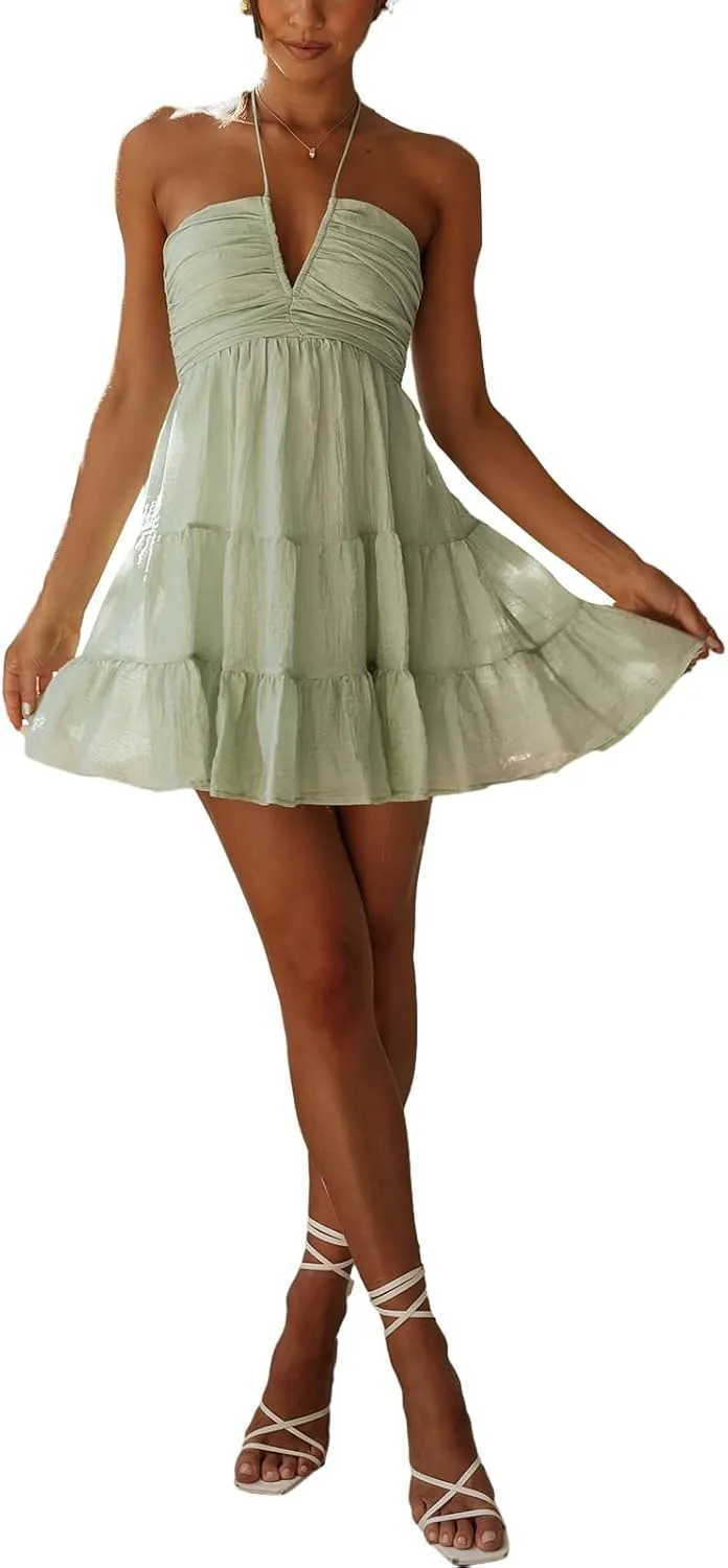 Women Spaghetti Strap Mini Dress Summer Sexy Tie Backless Flowy Sundress Sleeveless Casual Boho Tiered Short Dress