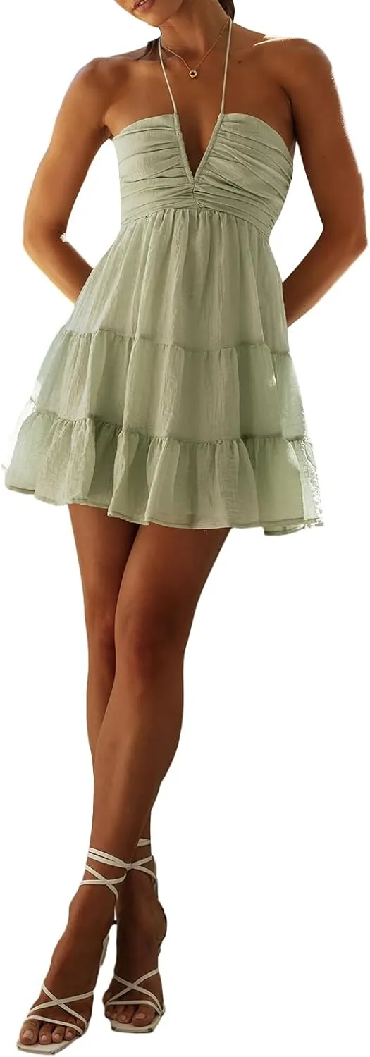 Women Spaghetti Strap Mini Dress Summer Sexy Tie Backless Flowy Sundress Sleeveless Casual Boho Tiered Short Dress