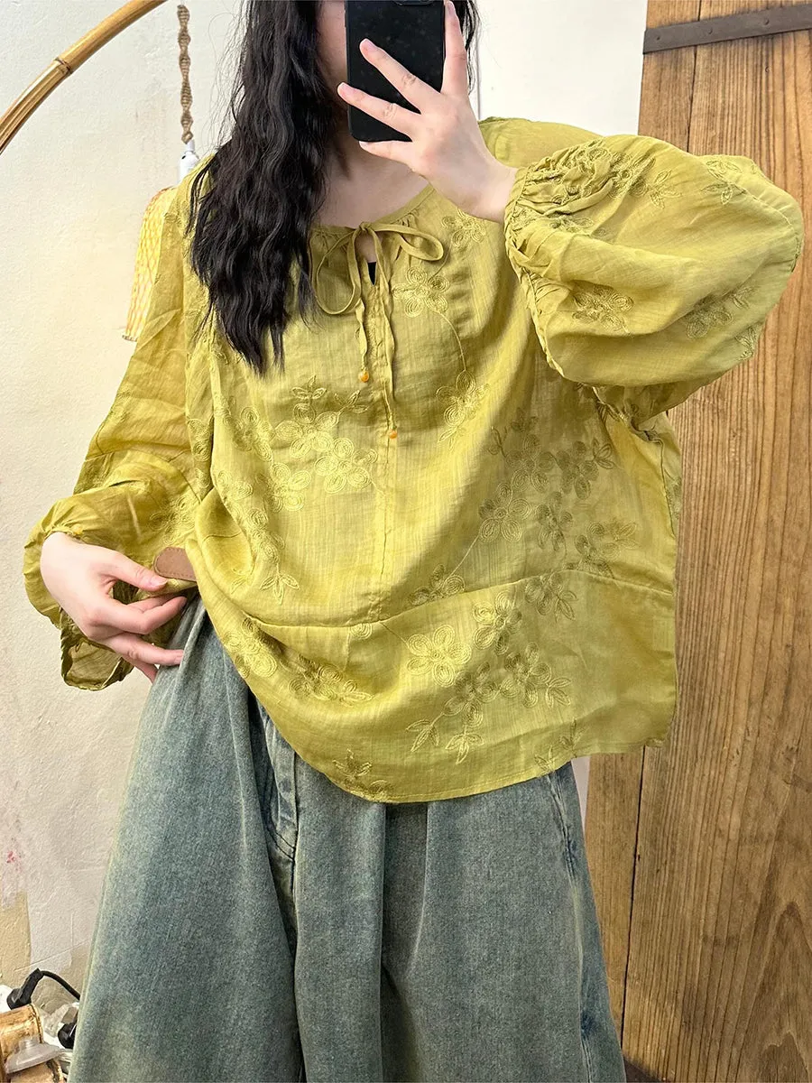 Women Summer Artsy Embroidery Solid Strap Ramie Shirt TY1023