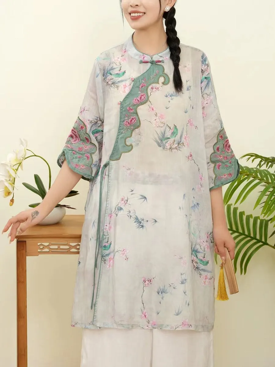 Women Summer Floral Ethnic Embroidery Ramie Shirt WE1015