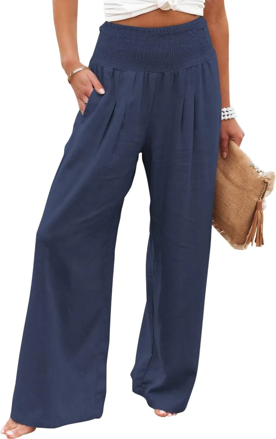Women Summer High Waisted Cotton Linen Palazzo Pants Casual Boho Wide Leg 2025 Beach Lounge Trousers with Pocket