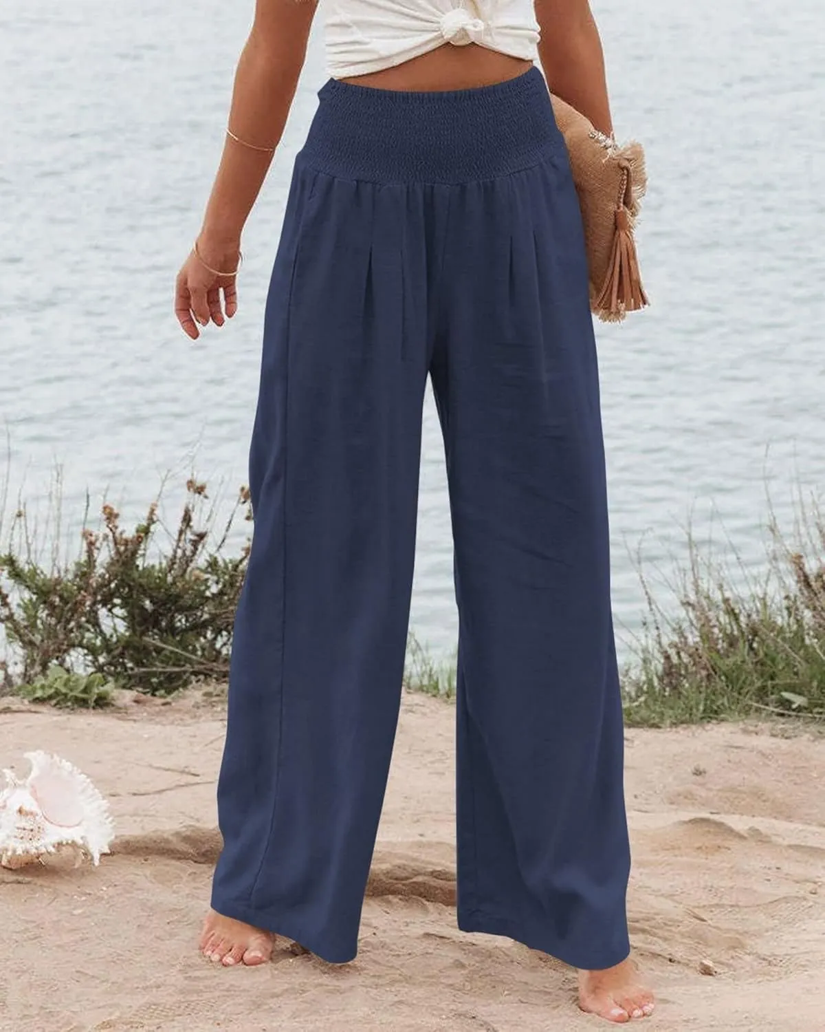 Women Summer High Waisted Cotton Linen Palazzo Pants Casual Boho Wide Leg 2025 Beach Lounge Trousers with Pocket