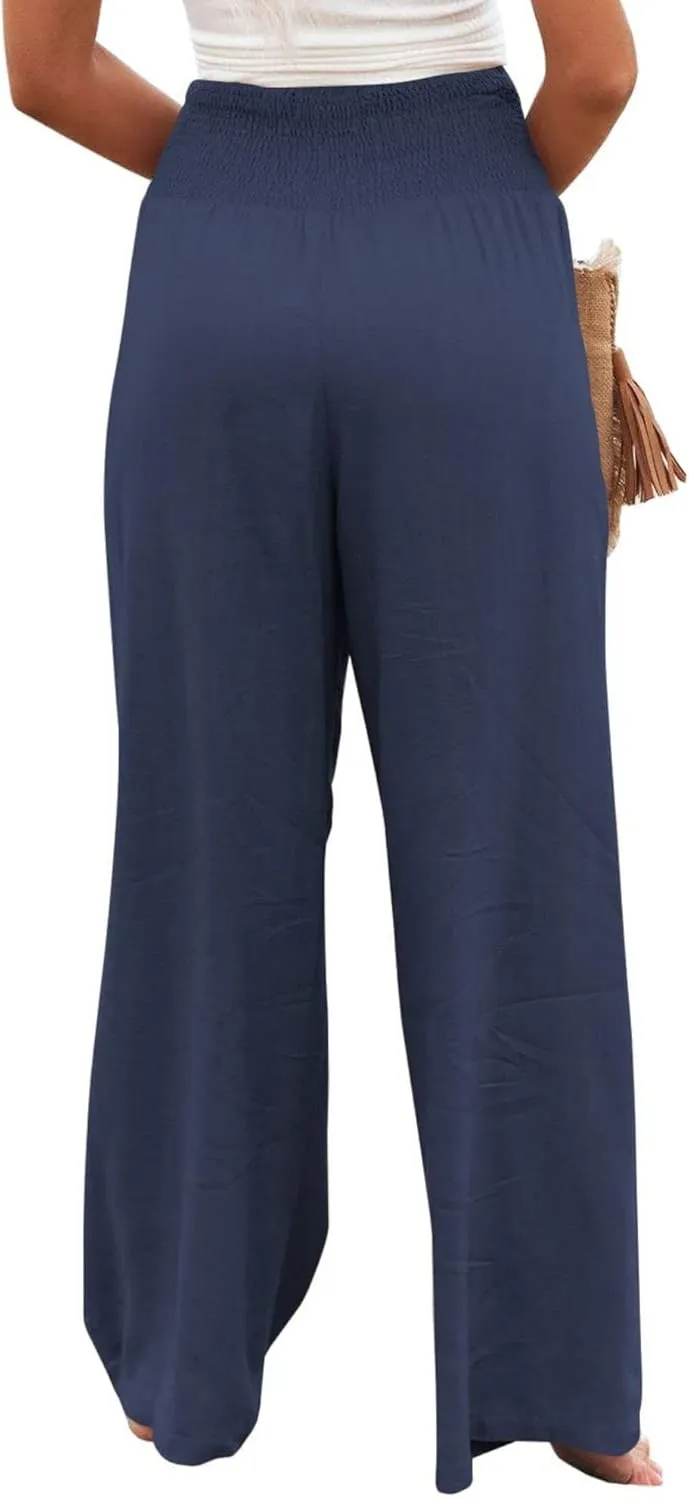 Women Summer High Waisted Cotton Linen Palazzo Pants Casual Boho Wide Leg 2025 Beach Lounge Trousers with Pocket