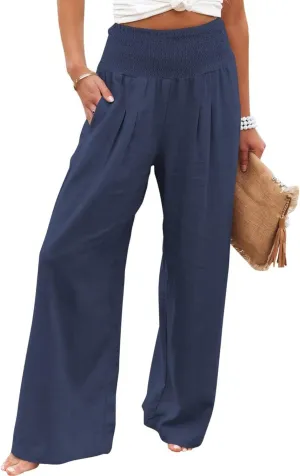 Women Summer High Waisted Cotton Linen Palazzo Pants Casual Boho Wide Leg 2025 Beach Lounge Trousers with Pocket