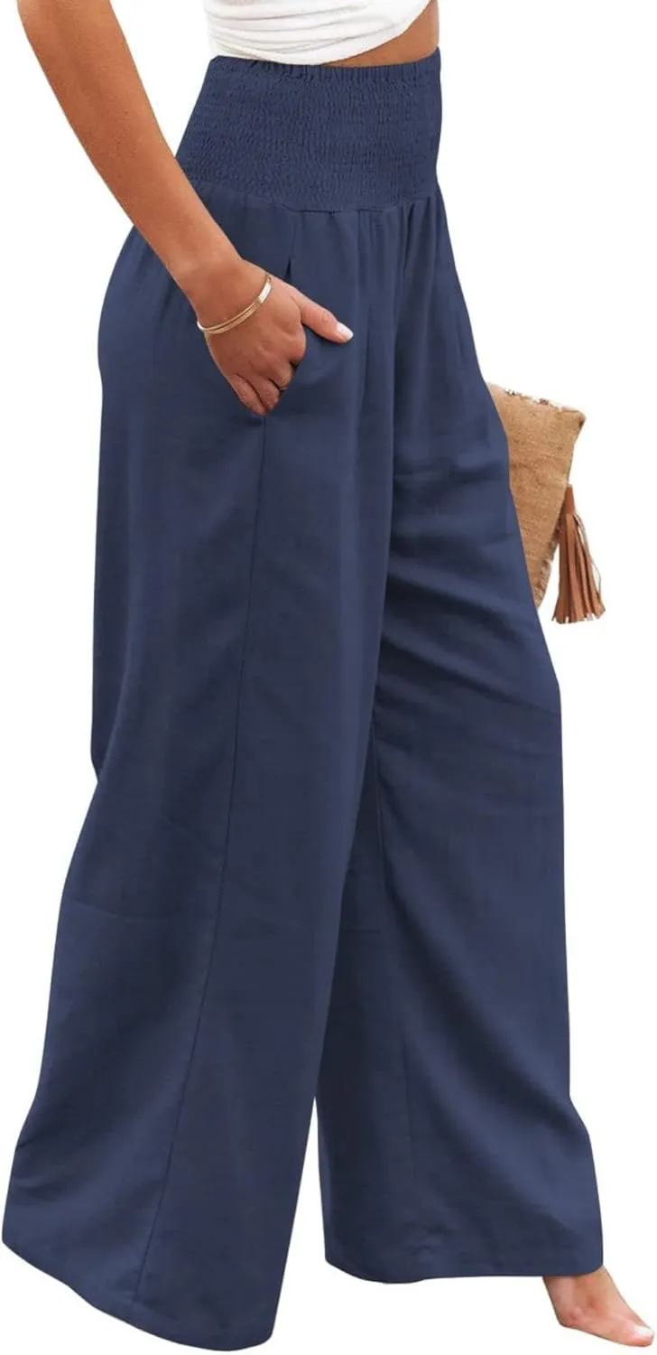 Women Summer High Waisted Cotton Linen Palazzo Pants Casual Boho Wide Leg 2025 Beach Lounge Trousers with Pocket