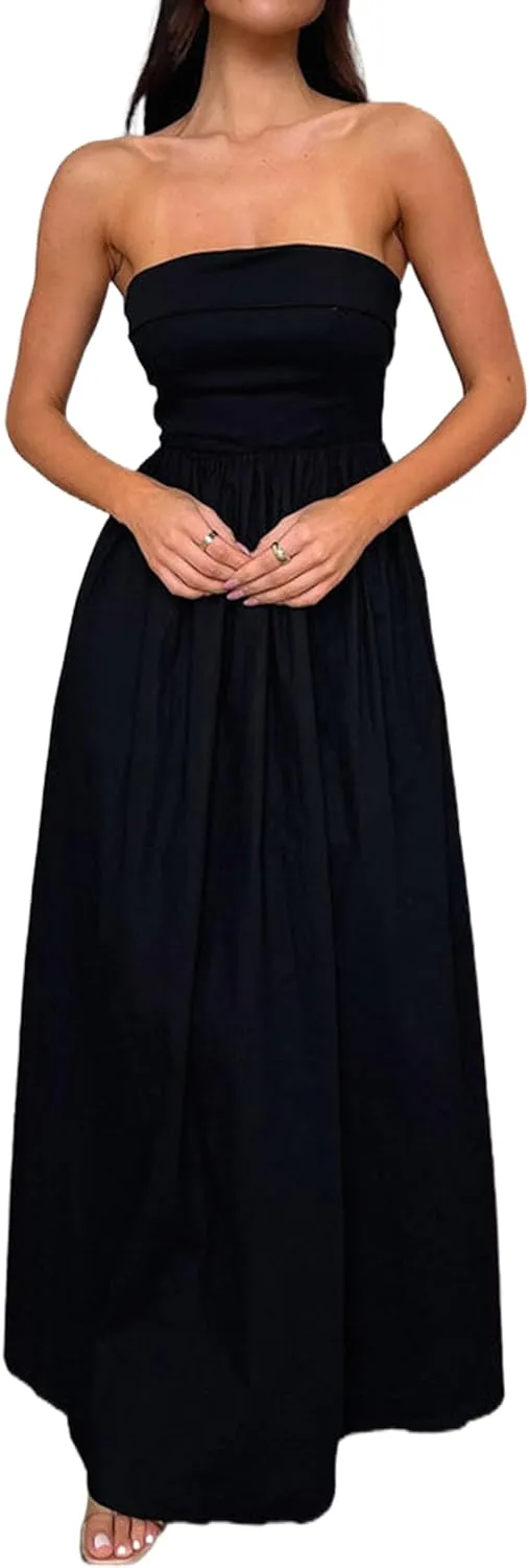 Women Summer Strapless Maxi Tube Dress 2024 Trendy Solid Pleated Flowy Dress Wedding Guest Maxi Dresses Party Club