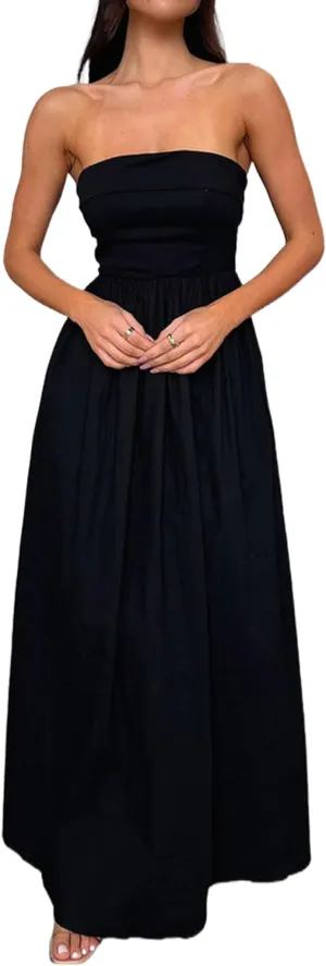 Women Summer Strapless Maxi Tube Dress 2024 Trendy Solid Pleated Flowy Dress Wedding Guest Maxi Dresses Party Club