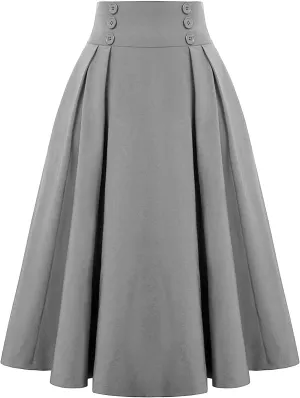 Women Vintage Skirt High Waist Pleated Button Skirts Midi A-Line Short Dress Fashion Casual Solid Swing Dresses