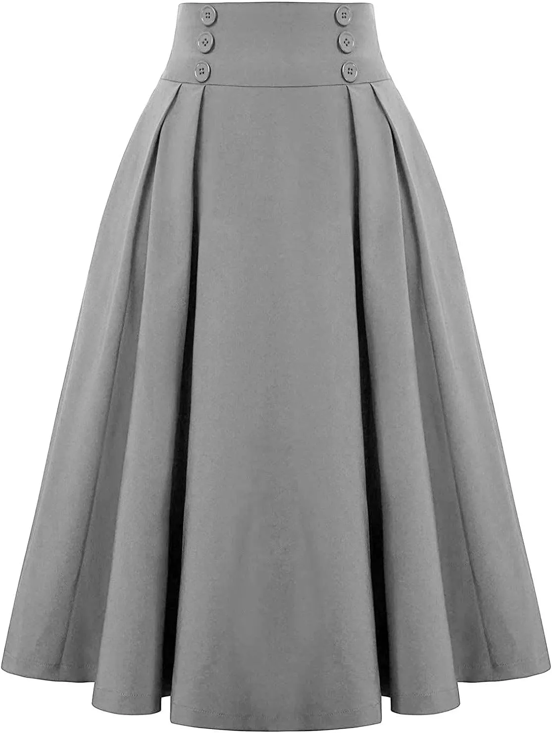 Women Vintage Skirt High Waist Pleated Button Skirts Midi A-Line Short Dress Fashion Casual Solid Swing Dresses
