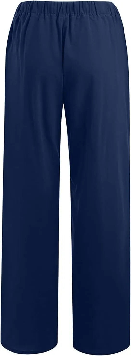 Women Wide Leg Linen Pants Summer Beach Loose Fit Drawstring High Waist Lightweight Cotton Linen Trousers with Pockets