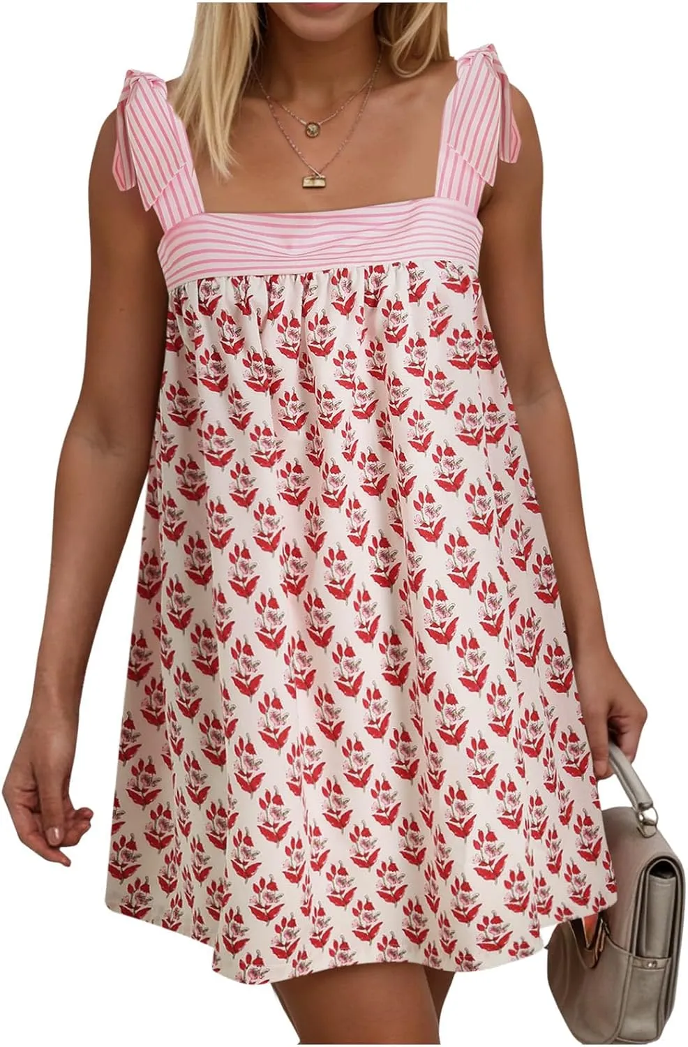 Women Y2K Tie Shoulder Mini Dress Bow Babydoll Ruffle Short Dresses Summer Boho Floral Flowy Beach Sundress
