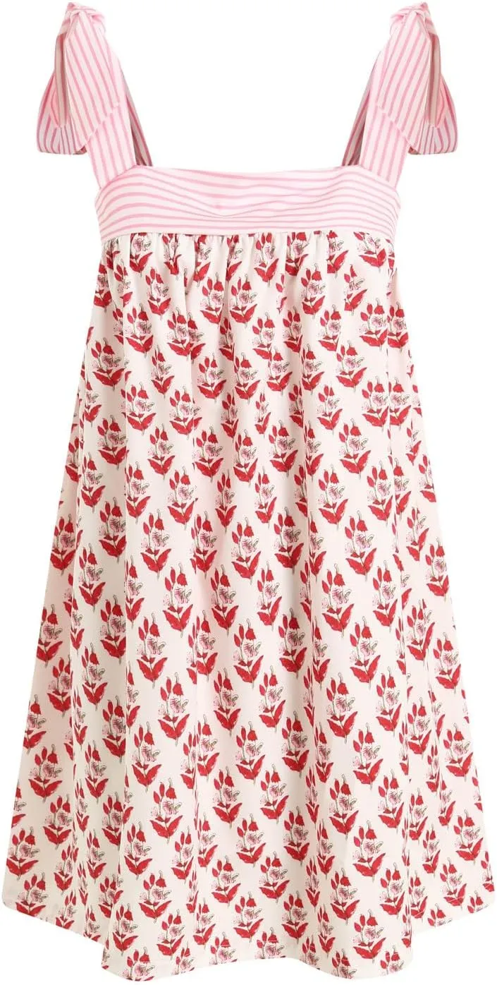 Women Y2K Tie Shoulder Mini Dress Bow Babydoll Ruffle Short Dresses Summer Boho Floral Flowy Beach Sundress