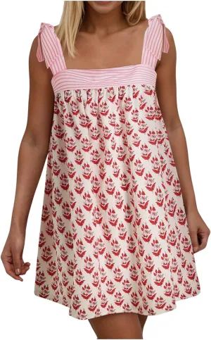 Women Y2K Tie Shoulder Mini Dress Bow Babydoll Ruffle Short Dresses Summer Boho Floral Flowy Beach Sundress