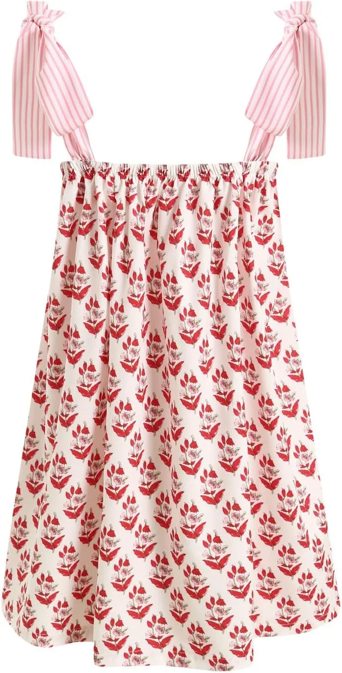 Women Y2K Tie Shoulder Mini Dress Bow Babydoll Ruffle Short Dresses Summer Boho Floral Flowy Beach Sundress