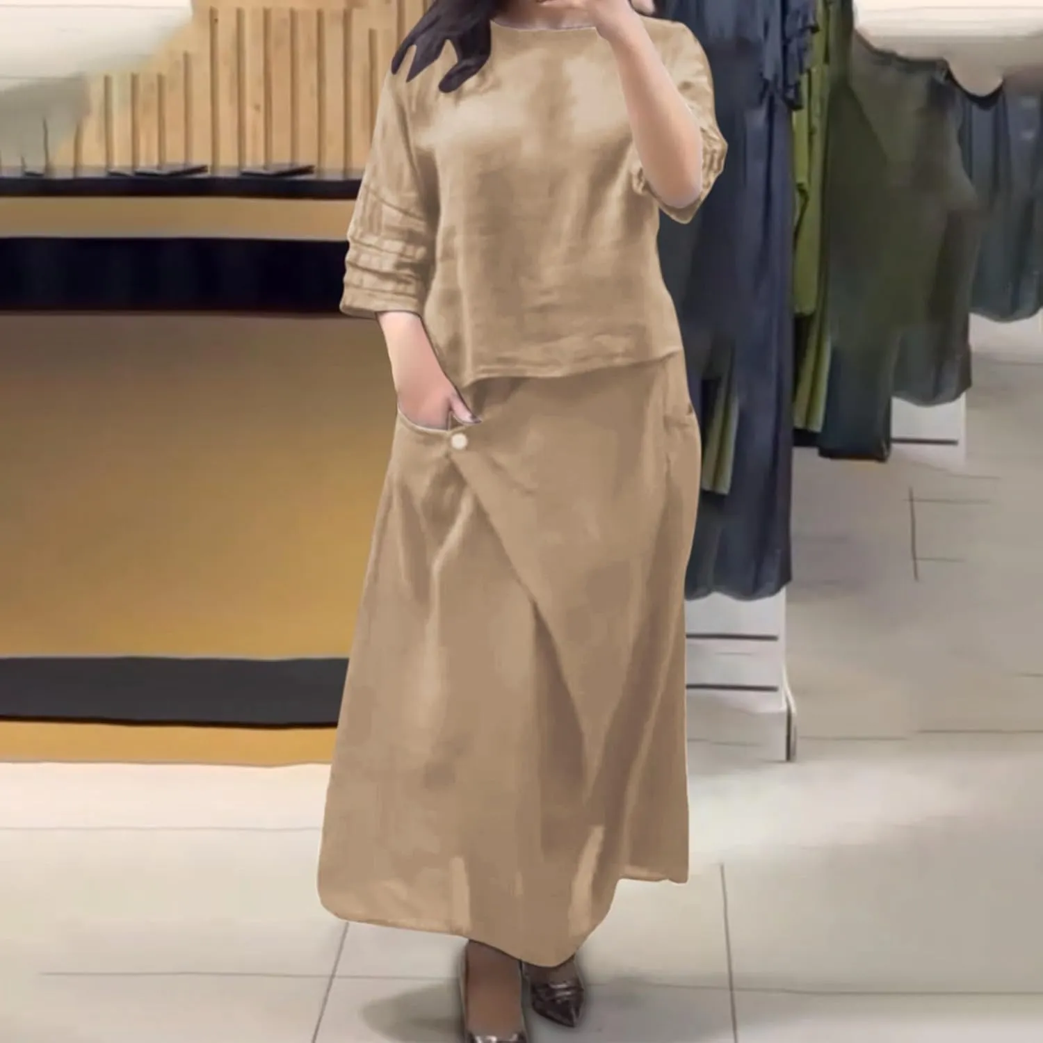 Women's 2 Piece Outfits Casual Skirt Sets Long Sleeve Tops Irregular Midi Skirts 2025 Matching Outfits