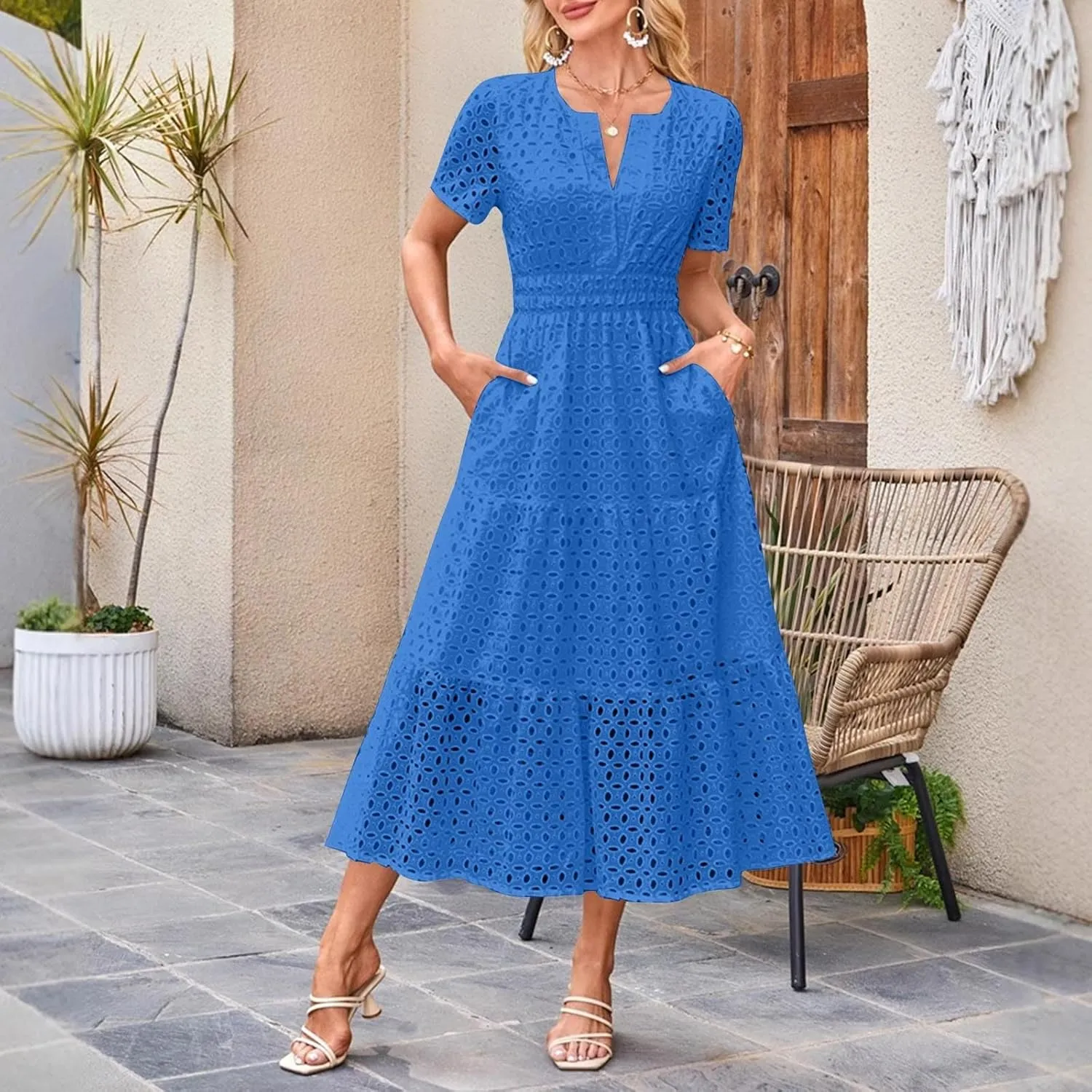 Women's 2025 Summer Maxi Dress V Neck Short Sleeve Hollow Out Casual Eyelet Ruffle Swing A Line Boho Long Dresses