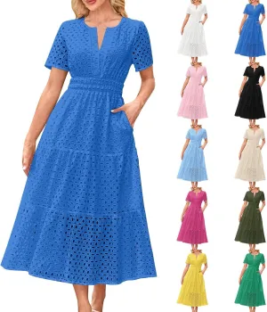 Women's 2025 Summer Maxi Dress V Neck Short Sleeve Hollow Out Casual Eyelet Ruffle Swing A Line Boho Long Dresses