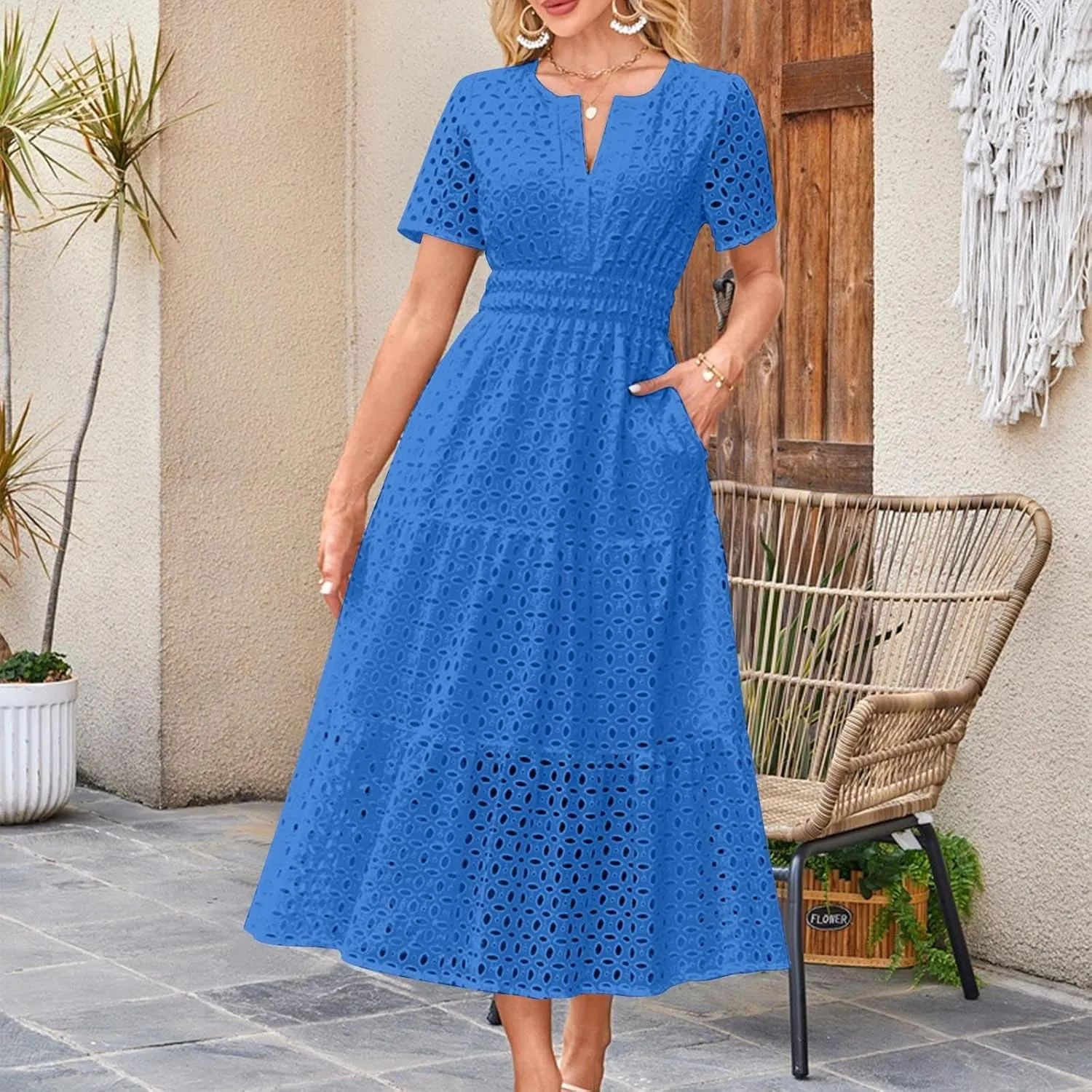 Women's 2025 Summer Maxi Dress V Neck Short Sleeve Hollow Out Casual Eyelet Ruffle Swing A Line Boho Long Dresses