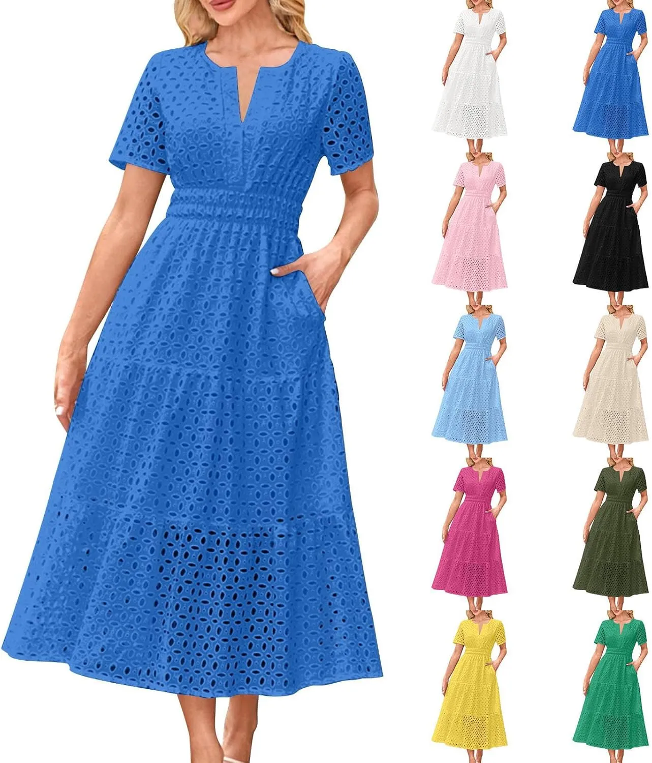 Women's 2025 Summer Maxi Dress V Neck Short Sleeve Hollow Out Casual Eyelet Ruffle Swing A Line Boho Long Dresses