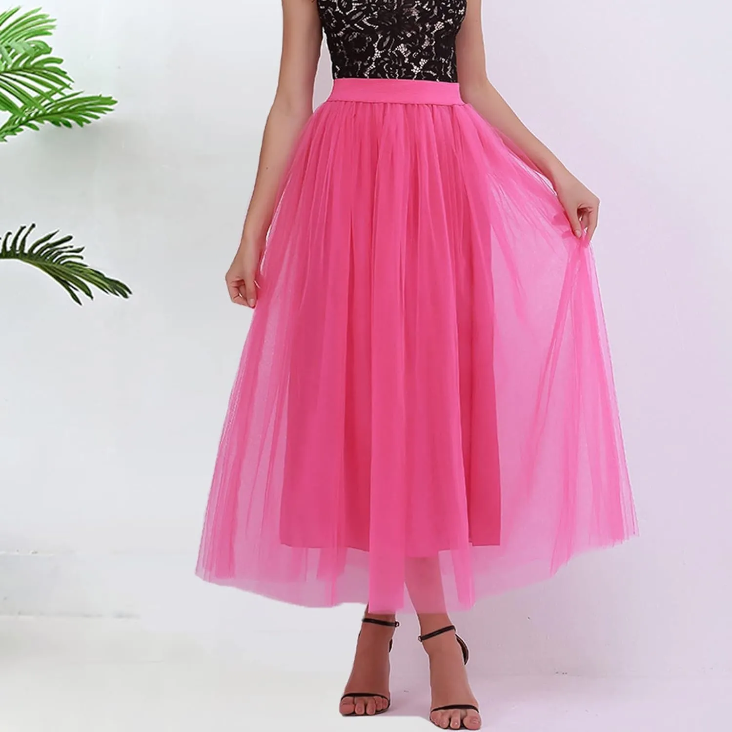 Women's A-Line High Waisted Midi Skirt Womens Long Tulle Skirt Pleated A Line Skirt High Waist Elastic Mesh Flowy