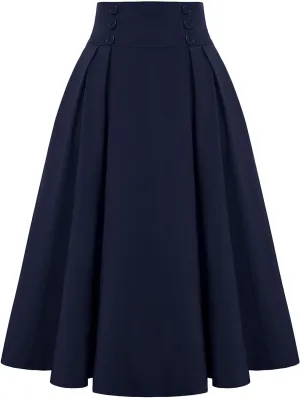 Womens A Line High Waisted Midi Skirts Button Down Fall Vintage Pleated Casual Flowy Button Down Swing Long Skirt