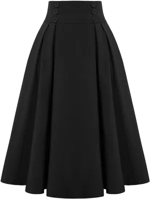 Womens A Line High Waisted Midi Skirts Button Down Fall Vintage Pleated Casual Flowy Button Down Swing Long Skirt
