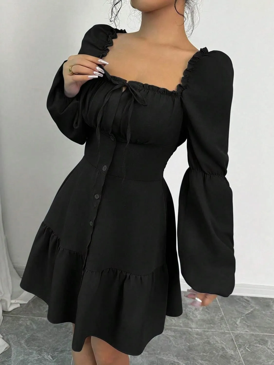 Women's A-Line Square Collar Long Puff Sleeve Ruffle Hem Dress Fashion Short Dresses for Women