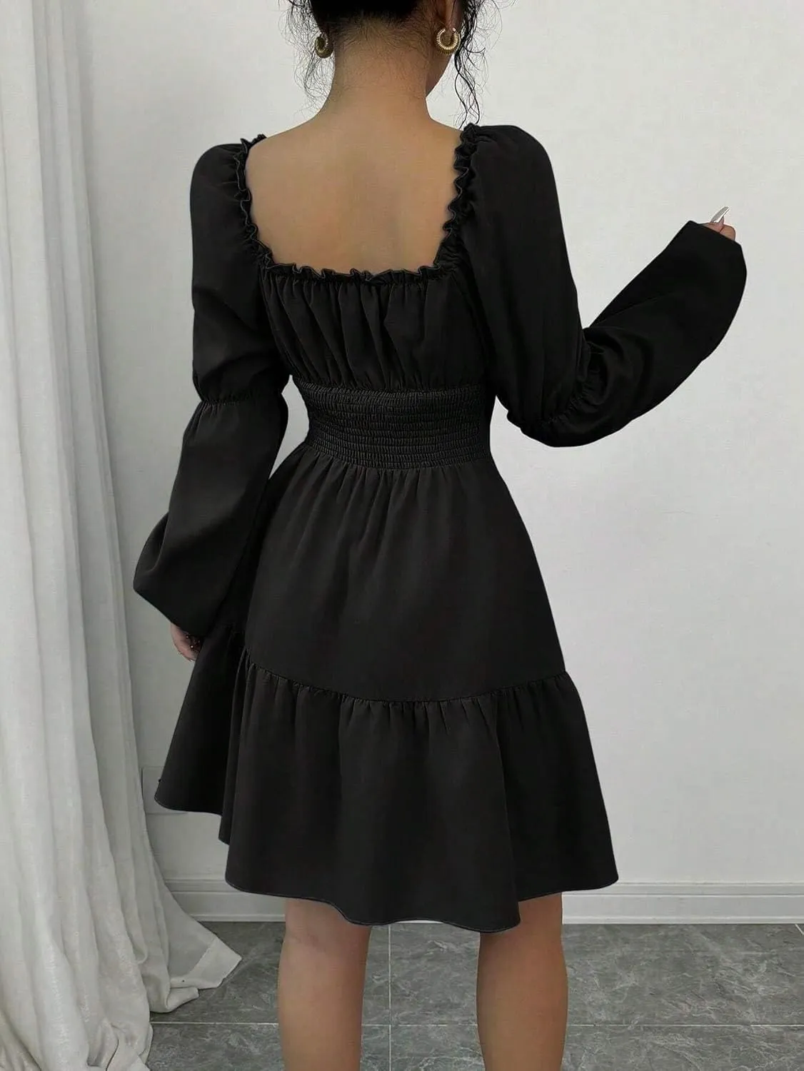 Women's A-Line Square Collar Long Puff Sleeve Ruffle Hem Dress Fashion Short Dresses for Women