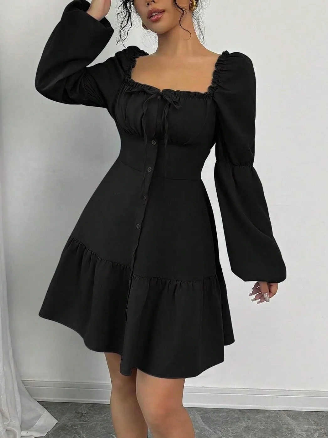 Women's A-Line Square Collar Long Puff Sleeve Ruffle Hem Dress Fashion Short Dresses for Women