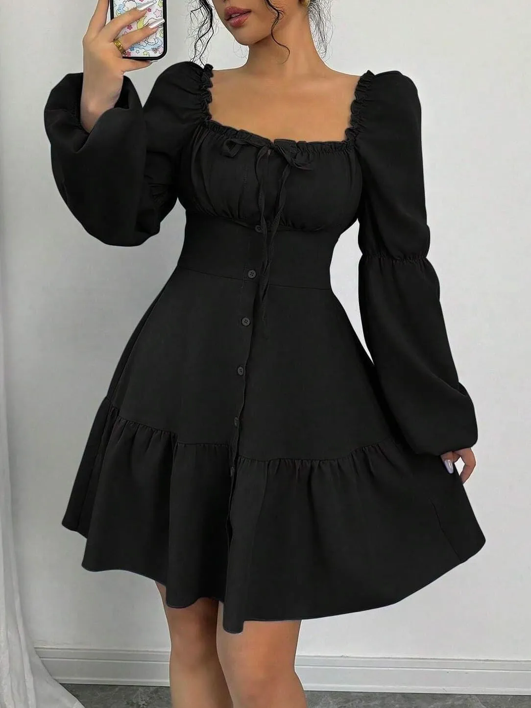 Women's A-Line Square Collar Long Puff Sleeve Ruffle Hem Dress Fashion Short Dresses for Women