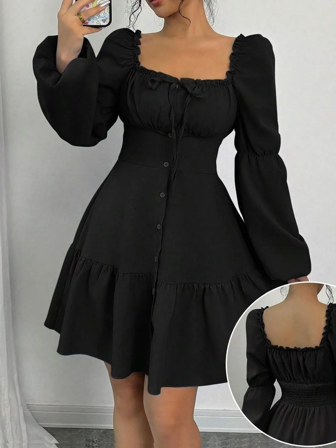 Women's A-Line Square Collar Long Puff Sleeve Ruffle Hem Dress Fashion Short Dresses for Women