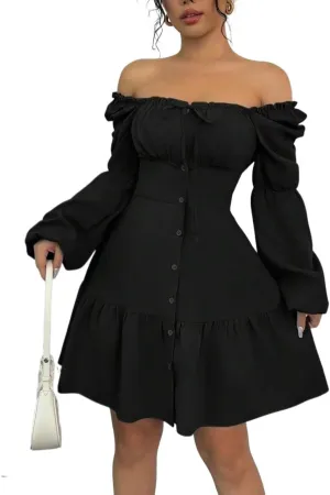 Women's A-Line Square Collar Long Puff Sleeve Ruffle Hem Dress Fashion Short Dresses for Women