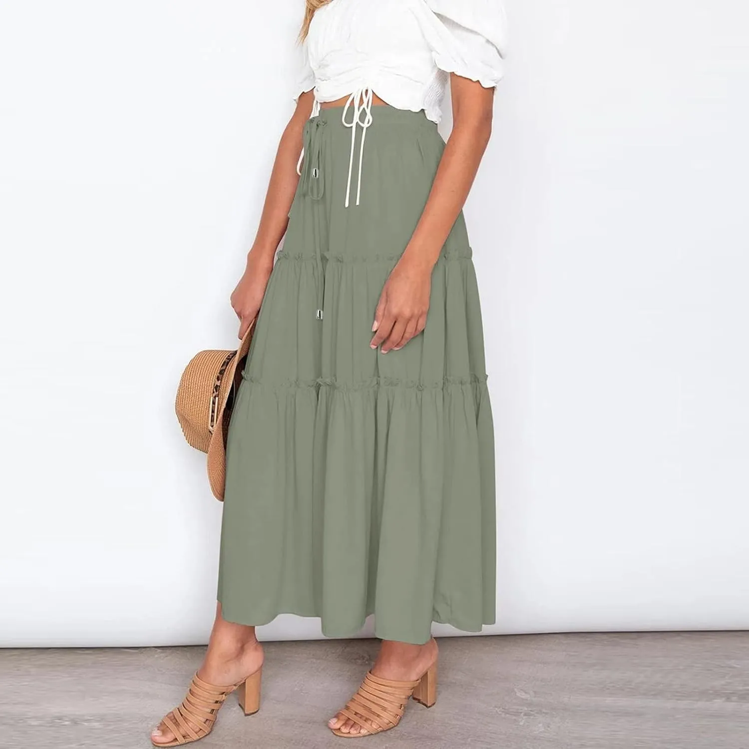 Womens Boho Long Skirts Summer Casual Elastic High Waisted A-Line Maxi Skirt Flowy Swing Ruffle Hem Holiday Skirt