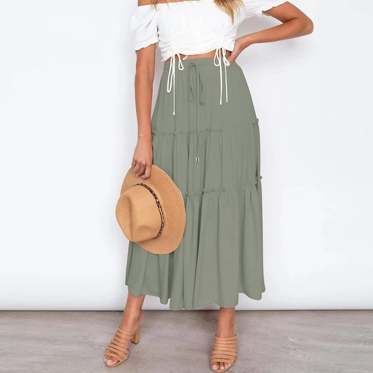Womens Boho Long Skirts Summer Casual Elastic High Waisted A-Line Maxi Skirt Flowy Swing Ruffle Hem Holiday Skirt