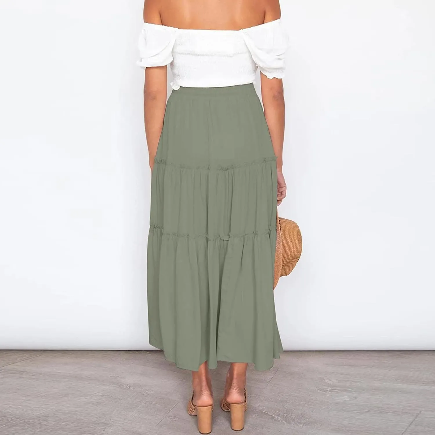 Womens Boho Long Skirts Summer Casual Elastic High Waisted A-Line Maxi Skirt Flowy Swing Ruffle Hem Holiday Skirt