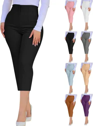 Women's Capri Dress Pants Stretch High Waisted Crop Office Work Pants Summer Casual Capris Slacks Yoga