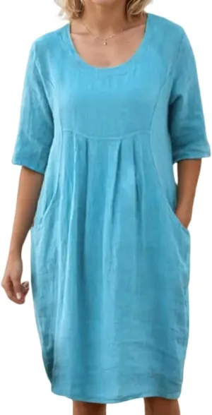 Womens Casual Cotton Linen Half Sleeve Crew Neck Midi Ruched Dress Plus Size Loose T Shirt Dresses with Pockets