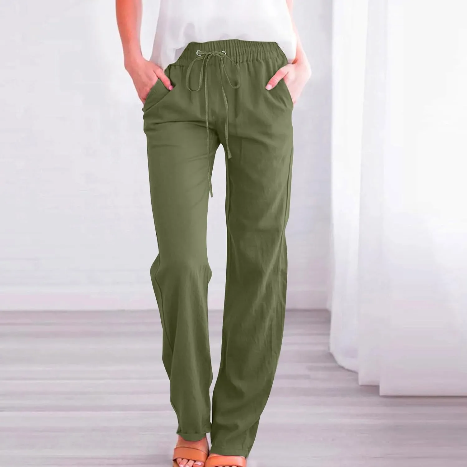 Womens Casual High Waist Linen Pants Beach Summer Straight Leg Lounge Trousers Drawstring Streetweat Outfits
