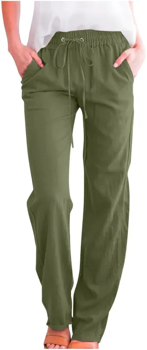 Womens Casual High Waist Linen Pants Beach Summer Straight Leg Lounge Trousers Drawstring Streetweat Outfits