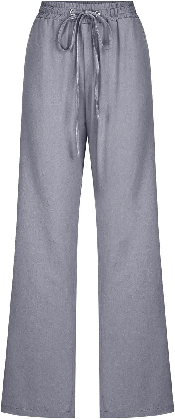 Womens Casual High Waist Linen Pants Beach Summer Straight Leg Lounge Trousers Drawstring Streetweat Outfits