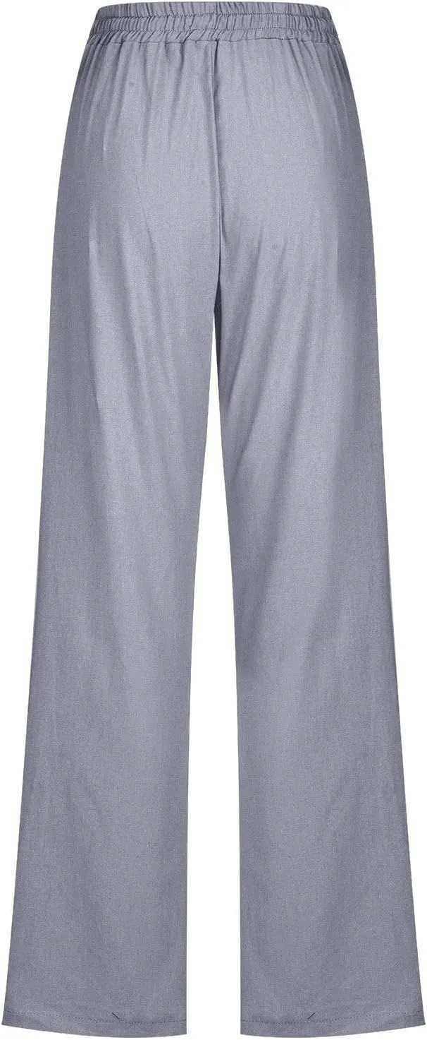 Womens Casual High Waist Linen Pants Beach Summer Straight Leg Lounge Trousers Drawstring Streetweat Outfits