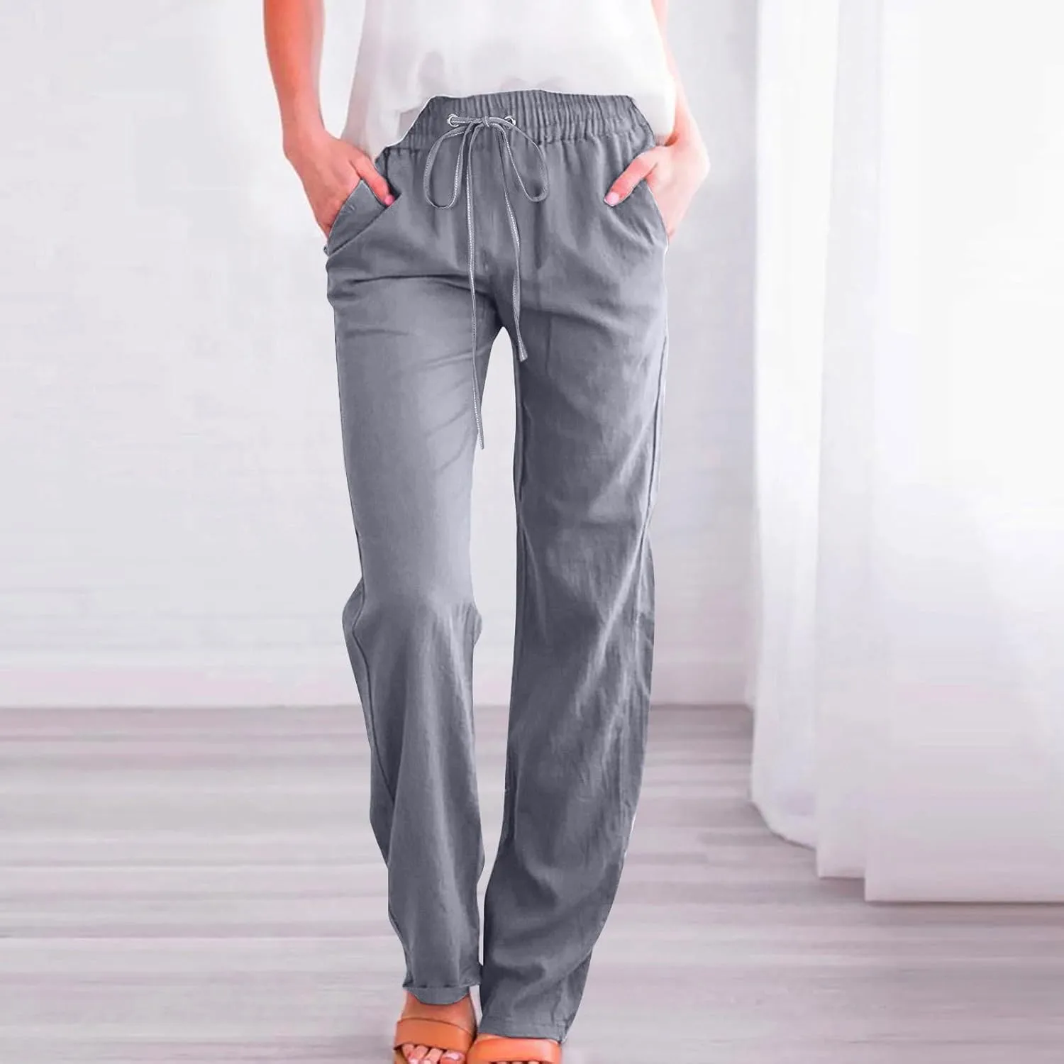 Womens Casual High Waist Linen Pants Beach Summer Straight Leg Lounge Trousers Drawstring Streetweat Outfits