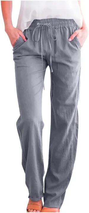 Womens Casual High Waist Linen Pants Beach Summer Straight Leg Lounge Trousers Drawstring Streetweat Outfits