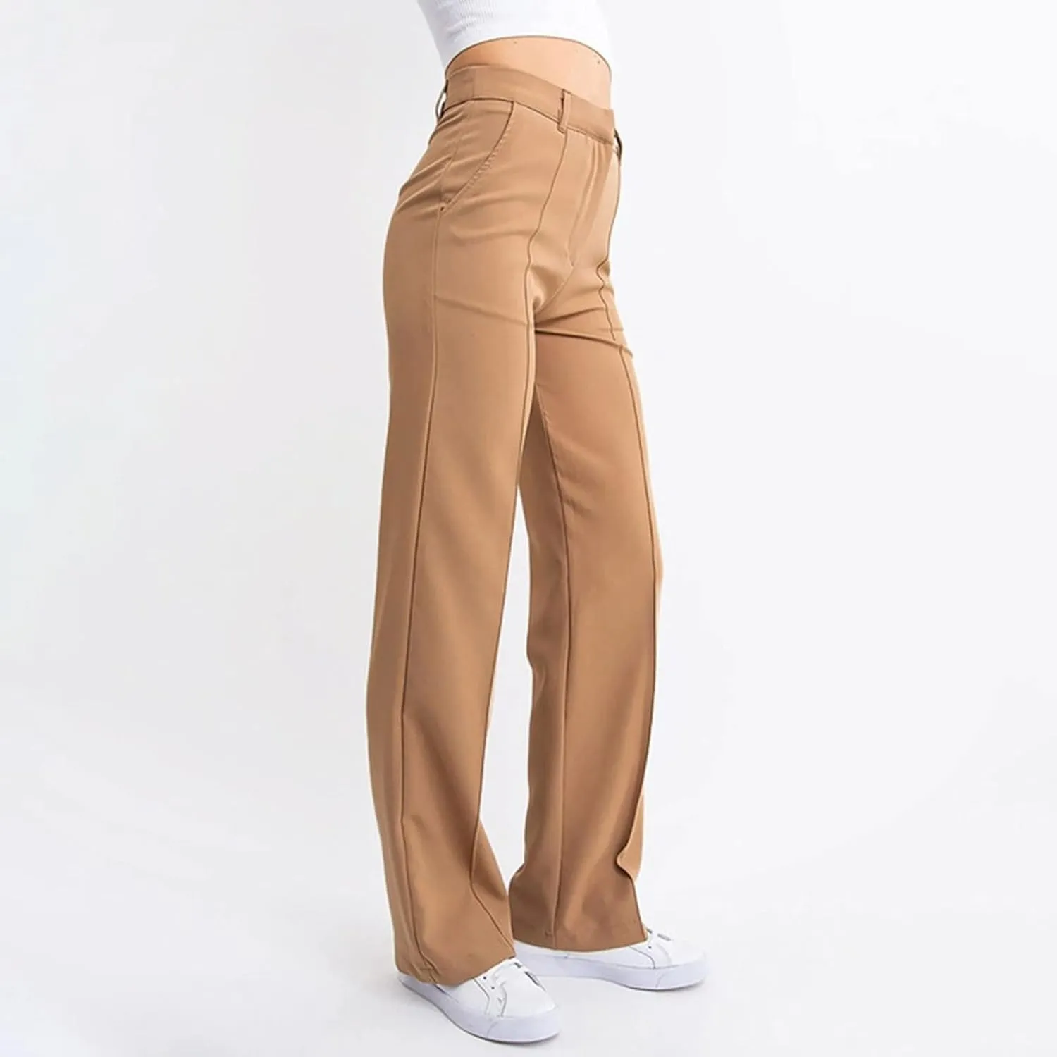 Womens Casual High Waist Straight Leg Ankle Business Dress Pants Stretchy Button Business Dress Work Pocket Trousers