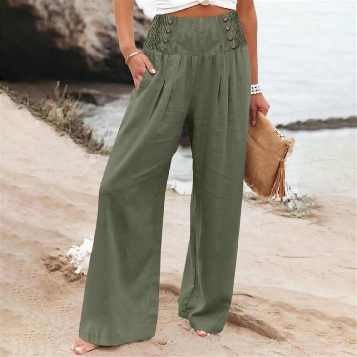 Women's Casual Long Palazzo Pants Cotton Linen Elastic High Waist Wide Leg Pant Loose Lounge Comfy Beach Trousers