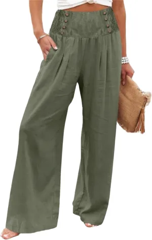 Women's Casual Long Palazzo Pants Cotton Linen Elastic High Waist Wide Leg Pant Loose Lounge Comfy Beach Trousers