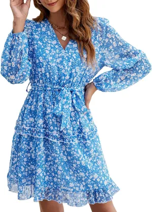 Women's Casual Long Sleeve Wrap V Neck Floral Dress Ruffle Hem Belted A-Line Flowy Mini Dresses Blue M