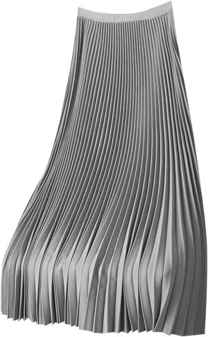 Womens Casual Solid Satin Pleated Skirt Lightweight Smooth Soft Mid Skirts Plus Size Versatile Elastic High Waist Skirt