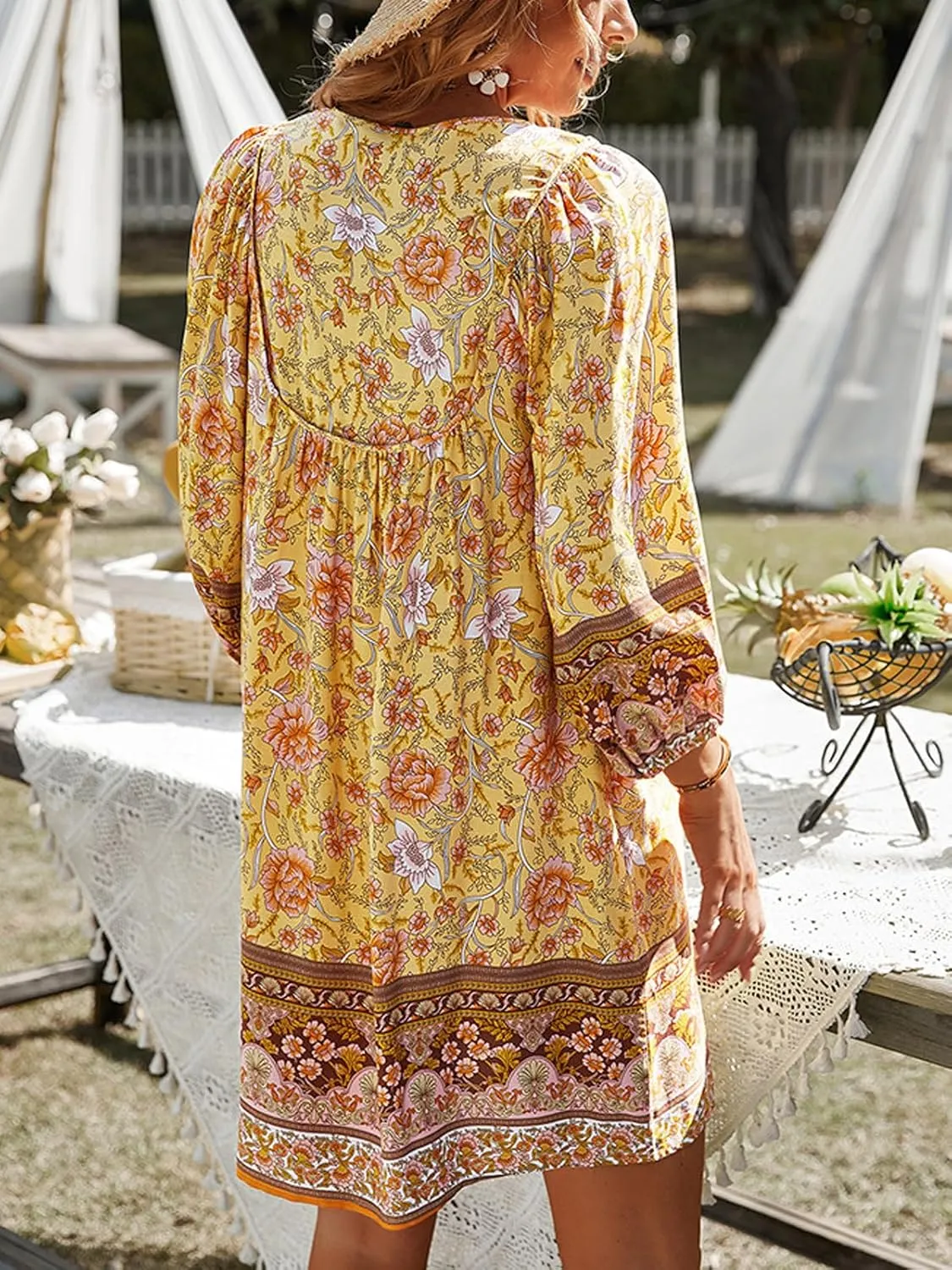 Women's Casual Summer Dress Boho V Neck 3/4 Long Sleeve Ruffle Floral Flowy Babydoll Mini Short Beach Dress