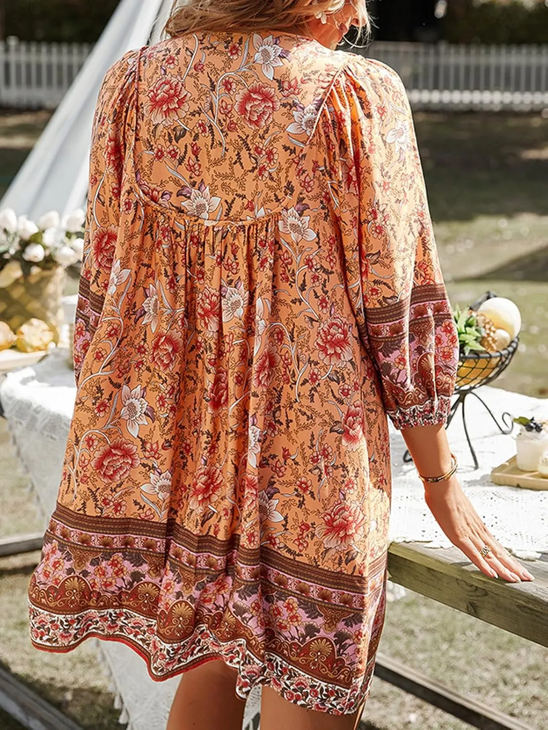Women's Casual Summer Dress Boho V Neck 3/4 Long Sleeve Ruffle Floral Flowy Babydoll Mini Short Beach Dress